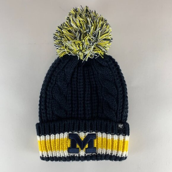 Michigan Wolverines NCAA Womens Navy Blue Gold 47 Brand Knit Pom Beanie - Picture 1 of 4